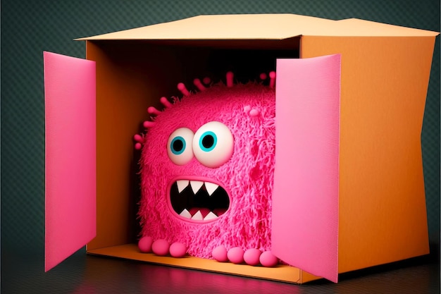 Funny prankster monster peeking out of box pink cute monster generative ai