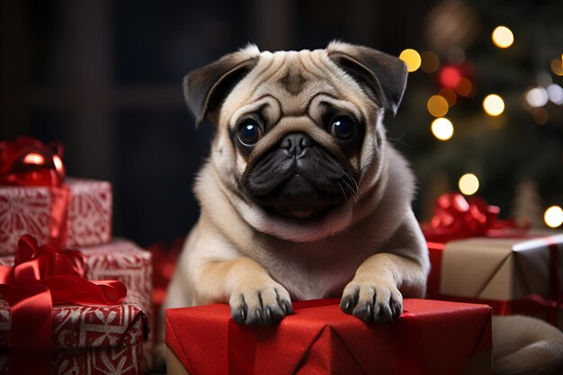 Foto cane pug divertente tra i regali di natale animali carini a natale sullo sfondo sfocato con luci bokeh