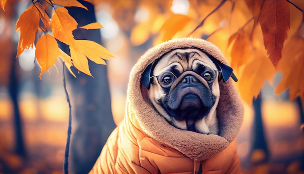 Funny pug dog in the autumn park outdoor with Generative AI Technology