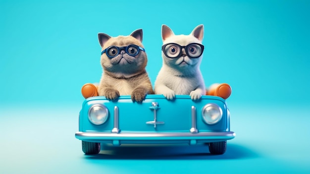 Funny pug dog and cat with sunglasses in toy car on light blue background