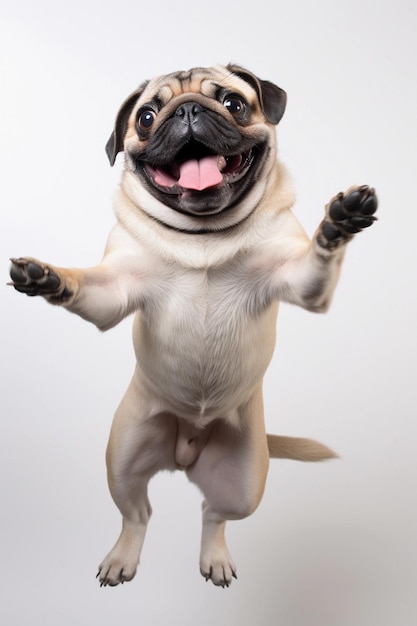 Photo funny pug dog floating in the air