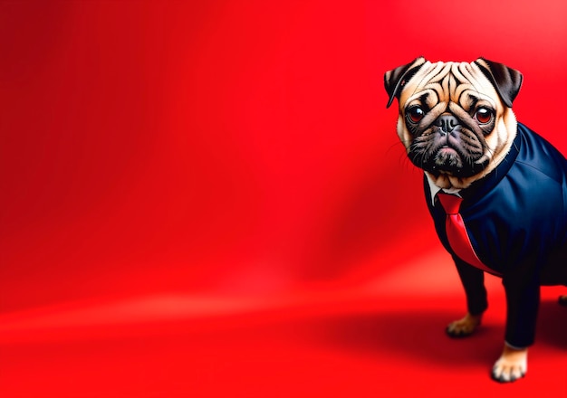 写真 赤い背景の黒いスーツとネクタイを着た面白いパグ犬