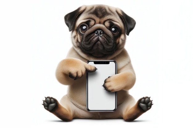 funny pug dog pointing on smartphone with white screen on white background