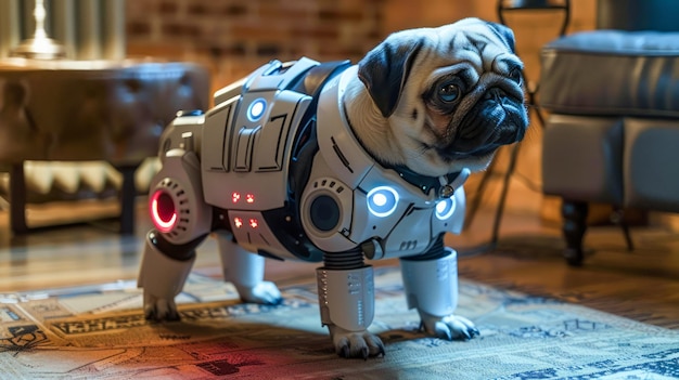 Foto cane pug divertente in costume di robot che finge di essere un ciborg all'interno di una scena accogliente del soggiorno di una casa