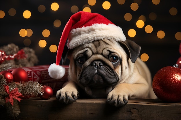 Funny pug dog wearing a Santa hat among Christmas gifts Cute animals on a New Year's background