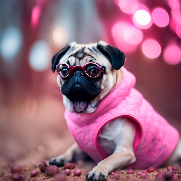 a funny pug dog wears pink glasses