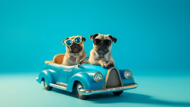 Funny pug dog with sunglasses in toy car on enjoying