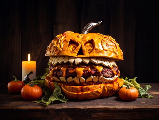 Foto un burger di zucca divertente con una grande cotoletta per halloween.