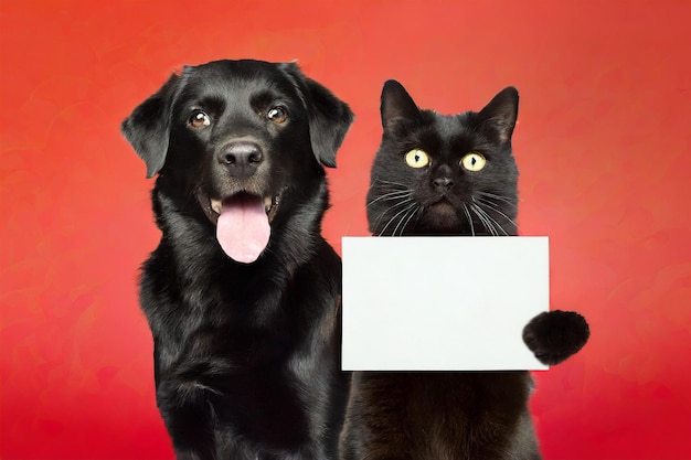 Фото Забавная щенка черная собака и черная кошка стоят и держат белую бумагу концепция распродажи черной пятницы