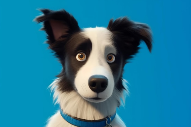 Funny puppy border collie dog sitting on blue background 3d rendering