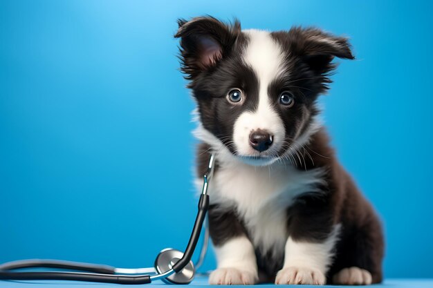 Photo funny puppy border collie with stethoscope on blue background