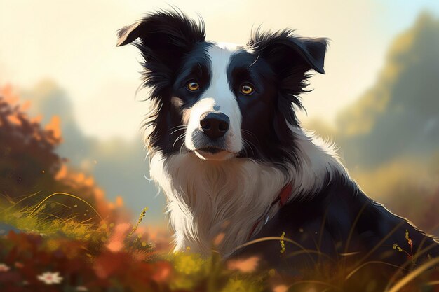 Funny puppy dog border collie on the nature in the fog