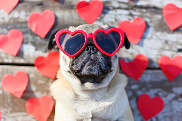 Funny puppy in red heartshaped glasses