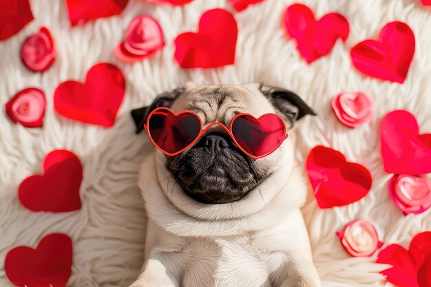 Photo funny puppy in red heartshaped glasses