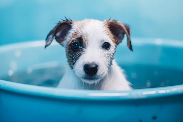 ペット ショップ グルーミング サロンのグルーミング バナーを待っている浴槽に座っている面白い子犬生成 ai