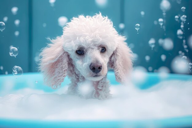 Foto cuccino divertente seduto nella vasca da bagno in attesa di pulizia banner per il salone di pulizia del negozio di animali generativa ai