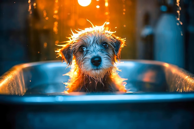 Photo funny puppy sitting in bathtub waiting for grooming banner for pet shop grooming salon generative ai