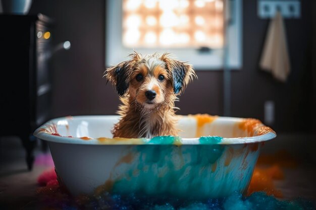 Funny puppy sitting in bathtub waiting for grooming Banner for pet shop grooming salon Generative AI