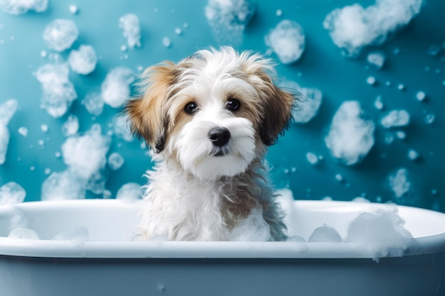 Funny puppy sitting in bathtub waiting for grooming Banner for pet shop grooming salon Generative AI