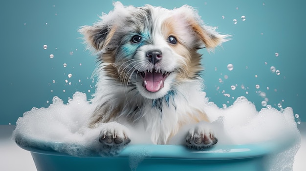 Funny puppy sitting in bathtub waiting for grooming Banner for pet shop grooming salon Generative AI