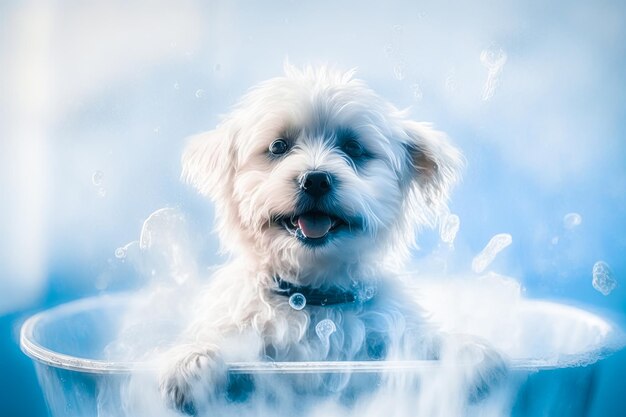 Photo funny puppy sitting in bathtub waiting for grooming banner for pet shop grooming salon generative ai