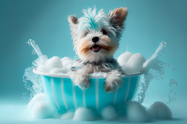 Photo funny puppy sitting in bathtub waiting for grooming banner for pet shop grooming salon generative ai