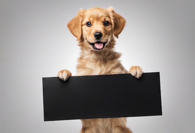 Funny puppy with banner for your advertising mockup concept of discounts and sales on light