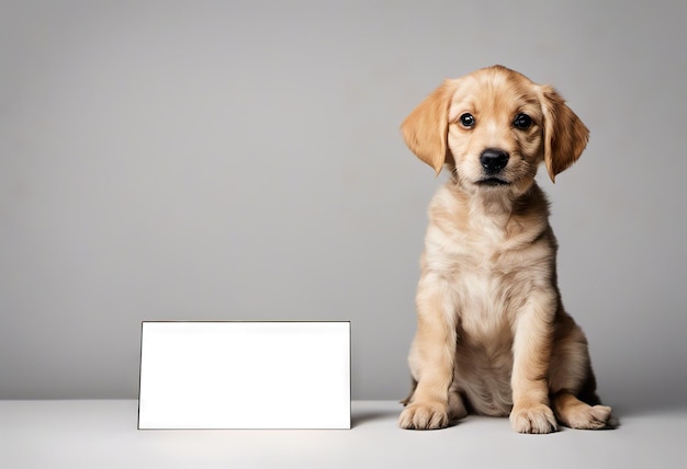 Funny puppy with banner for your advertising mockup concept of discounts and sales on light