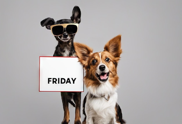 Photo funny puppy with black friday banner concept of discounts and sales on a light background