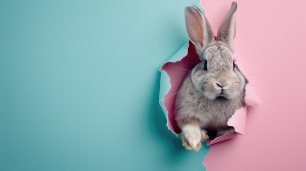 A funny rabbit gazes through a torn hole in a vibrant pastel color paper backdrop