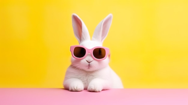 Funny rabbit wearing sunglasses on yellow pastel color background Generative AI