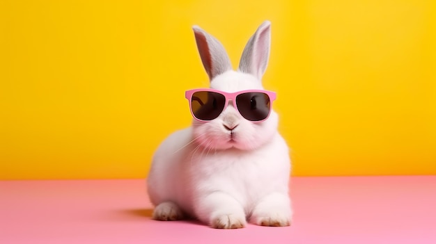 Funny rabbit wearing sunglasses on yellow pastel color background Generative AI
