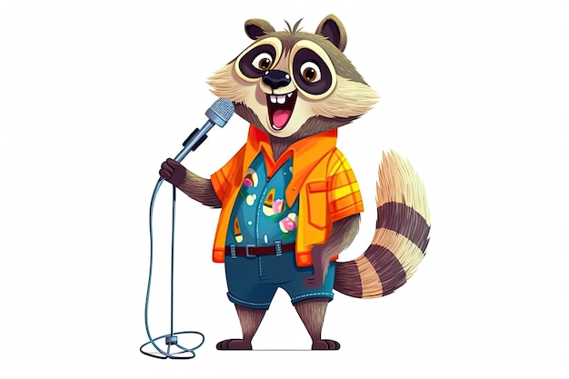 Забавный енот в красочной рубашке поет песню с микрофоном, изолированным на белом фоне иллюстрации