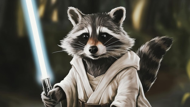 Photo funny raccoon in jedi clothes and with a lightsaber cute pet for background poster print