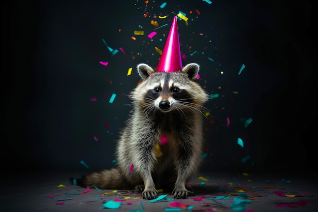 Funny raccoon in pink cap dances in confetti on black background Festive party concept Generative AI