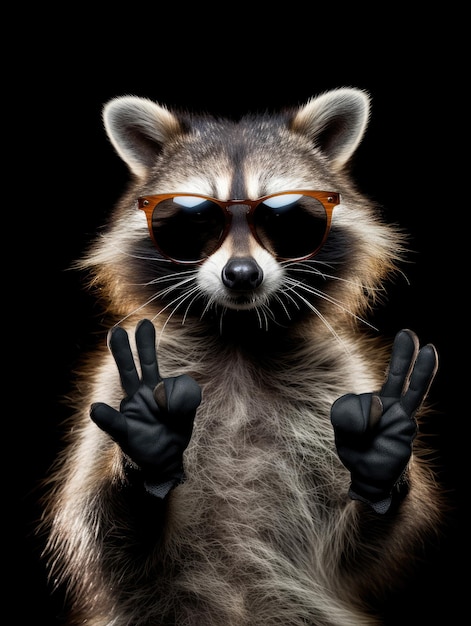 Funny raccoon in sunglasses showing a rock gesture