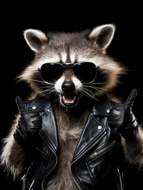 Funny raccoon in sunglasses showing a rock gesture