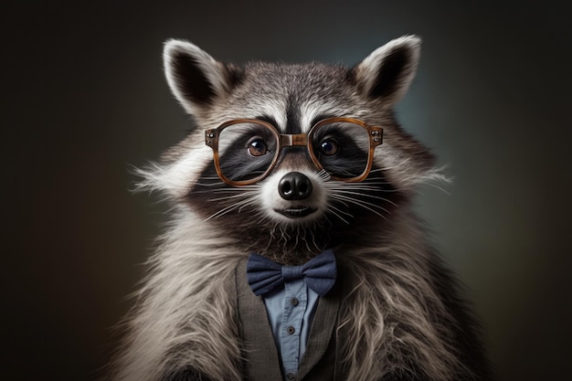 Funny raccoon wearing pair of oversized glasses and bowtie posing for camera