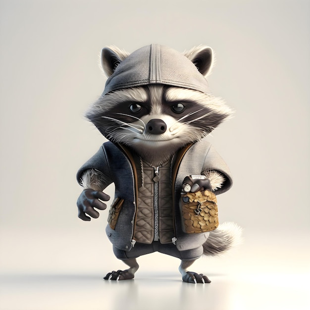 手にビールを持つ面白いアライグマの 3 d イラストレーション