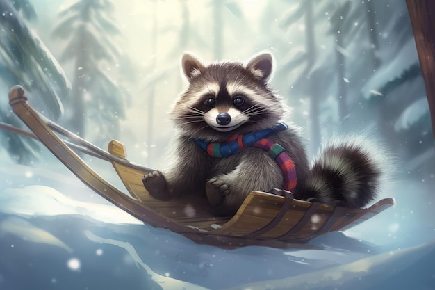 Funny raccoon with snow sledge Playful cute wild animal in winter snowy forest Generate ai