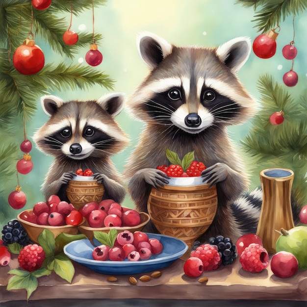 Funny raccoons celebrate the New Year by eating berries and nuts AI Generative