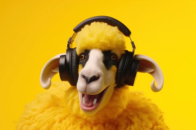 Funny ram in sunglasses and headphones on a studio background place for text generative ai