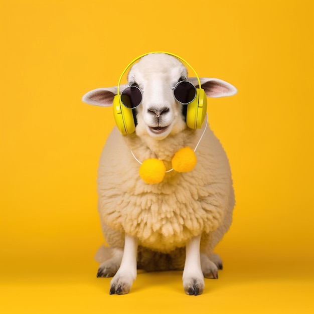 Funny ram in sunglasses and headphones on a studio background place for text generative ai