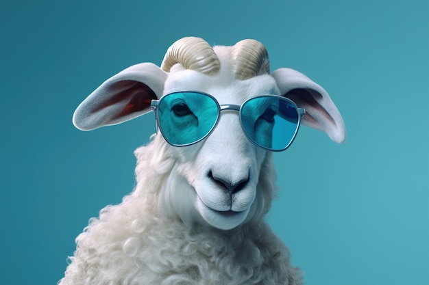 funny ram in sunglasses on a studio background place for text Generative AI