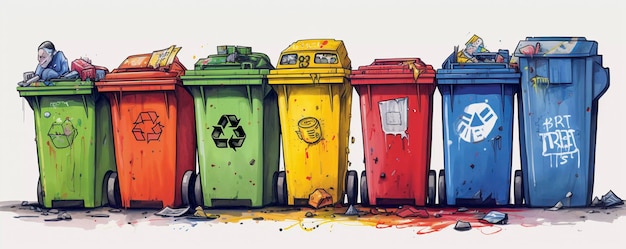 funny recycling trash street garbage colored waste bins Generative AI