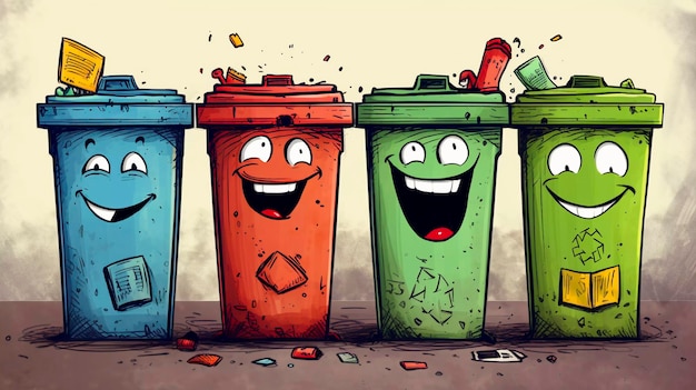 funny recycling trash street garbage colored waste bins Generative AI