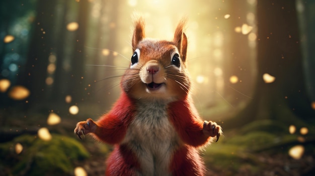 Funny red squirrel standing in the forest