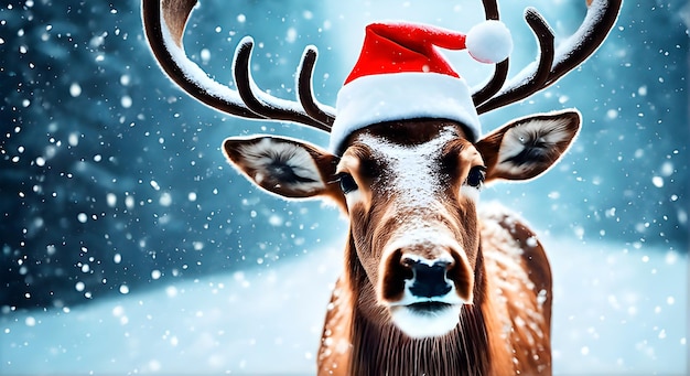 Funny reindeer wearing a christmas hat in a snowfall