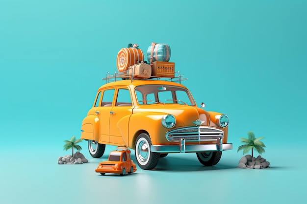 Funny retro car with surfboard and suitcases on a beach with palms behind Unusual summer travel