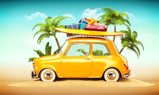 Funny retro car with surfboard and suitcases on a beach with palms behind